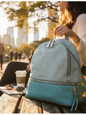 Michael Kors Rhea Zip Backpack Women Blue Pebbled Leather Colorblock Medium